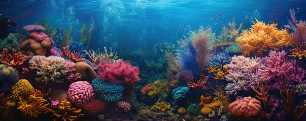 Fototapeta na wymiar An underwater landscape showcasing a coral reef bathing in sunbeams penetrating the ocean's surface. copy space for text.