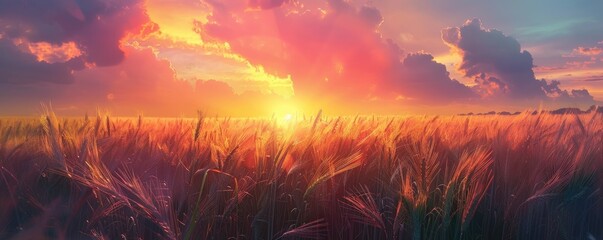 The warm glow of the sunset highlights the beauty and golden hue of the endless wheat field.