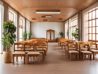 Interior of a hall with wooden furniture design.