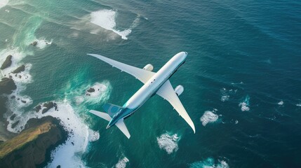 Airplane Flying Over Ocean Near Coastline Aerial View