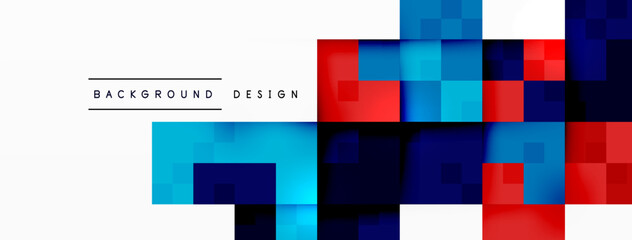 A vibrant composition of electric blue, red, and black squares on a white backdrop. The geometric pattern exudes symmetry and parallel lines, creating a colorful and modern art piece