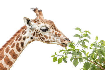 A giraffe reaching for leaves, isolated on a white background