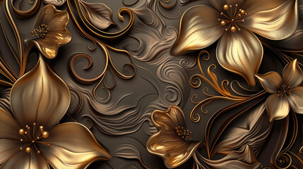 Gold-bronze 3D swirls against a chocolate backdrop bring refined opulence.
