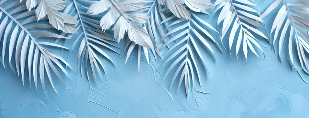 White Tropical Leaves on Textured Blue Background
