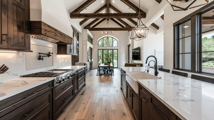 Amazing modern and rustic luxury kitchen with vaulted ceiling and wooden beams, long island with white quarts countertop and dark wood cabinets