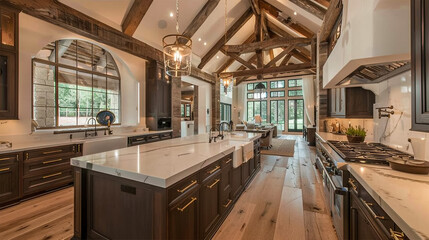 Amazing modern and rustic luxury kitchen with vaulted ceiling and wooden beams, long island with white quarts countertop and dark wood cabinets.,