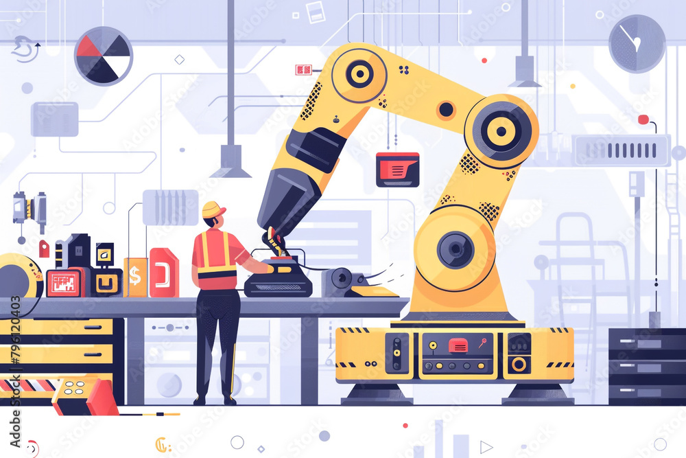 Poster maintenance engineer worker working with robotic machine automation