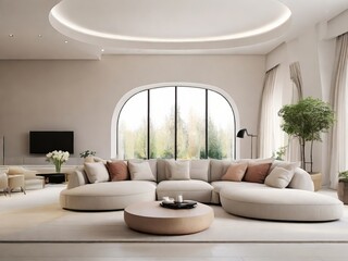 Living room with a large window a couch with pillows and a coffee table, luxury interior design, 3D Render, High Quality Photography