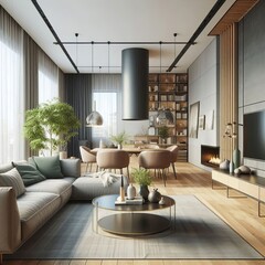 Living room with a large window a couch with pillows and a coffee table, luxury interior design, 3D Render, High Quality Photography