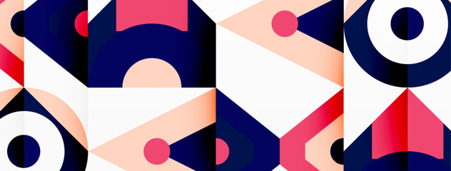 A creative arts piece featuring a colorful geometric pattern with circles and triangles in shades of red and electric blue on a white background