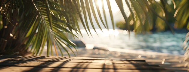 Tropical Resort Wooden Deck by the Poolside - obrazy, fototapety, plakaty