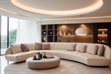 A living room with a couch a round mirror and a round mirror luxury interior design