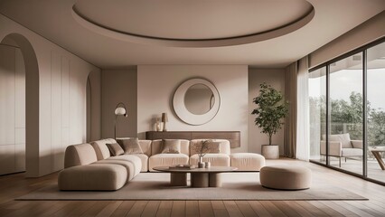 Living room with a large window a couch with pillows and a coffee table, luxury interior design, 3D Render, High Quality Photography