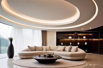 Living room with a large window a couch with pillows and a coffee table, luxury interior design, 3D Render, High Quality Photography