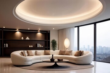 Living room with a large window a couch with pillows and a coffee table, luxury interior design, 3D Render, High Quality Photography