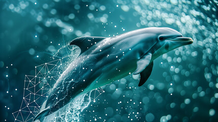 A dolphin jumping through a network of interconnected lines