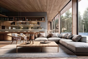 Living room with a large window a couch with pillows and a coffee table, luxury interior design, 3D Render, High Quality Photography