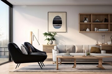 Living room with a large window a couch with pillows and a coffee table, luxury interior design, 3D Render, High Quality Photography