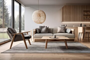 Living room with a large window a couch with pillows and a coffee table, luxury interior design, 3D Render, High Quality Photography