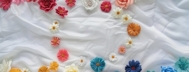 Elegant Paper Flowers on Flowing White Fabric