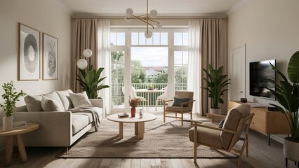 Living room with a large window a couch with pillows and a coffee table, luxury interior design, 3D Render, High Quality Photography