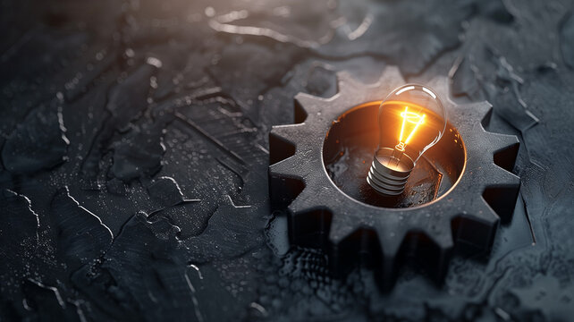 A gear icon with a light bulb inside, representing innovation in manufacturing