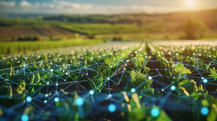 A network of interconnected dots and lines forming a global food supply chain