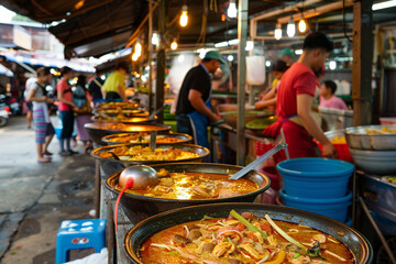 Fototapeta premium Malaysian Laksa coconut curry soup bustling local market setting