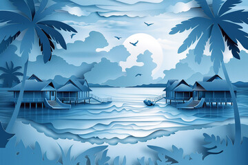 Maldives paradise in paper cut iconic overwater bungalows and palm trees serene ocean backdrop