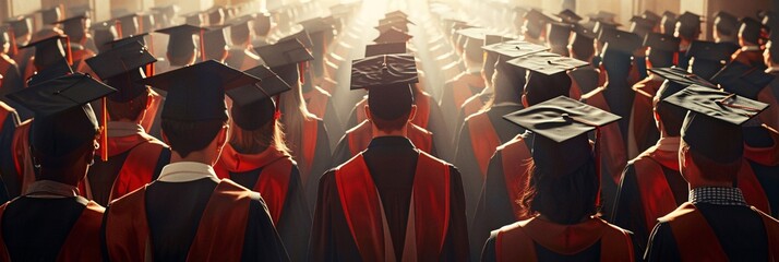 Rear view of university graduates in graduation gowns and caps on commencement day