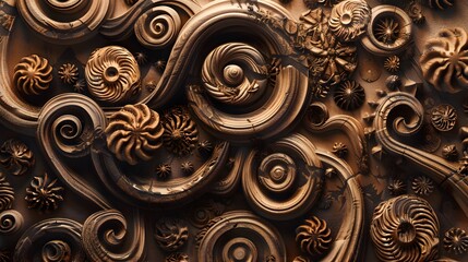 Abstract Ornamental Sculpture with Swirls and Floral Patterns in Chocolate Tones