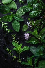 fresh herbs and flowers with drops of essential oils glistening on their leaves, emphasizing natural elements