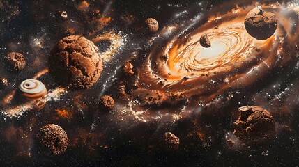 A Cosmic Confectionery Galaxy with Swirling Chocolate Nebulae and Sprinkled Doughnut Planets