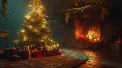 Warm Christmas Evening by the Fireplace with Decorations