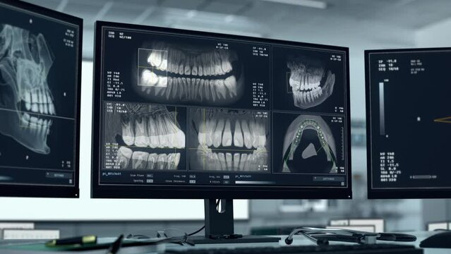 Using medical clinic laboratory monitoring technology to examine oral cavity. Clinic laboratory monitoring program inspecting teeth condition. Monitoring health of patients jaw at a clinic laboratory