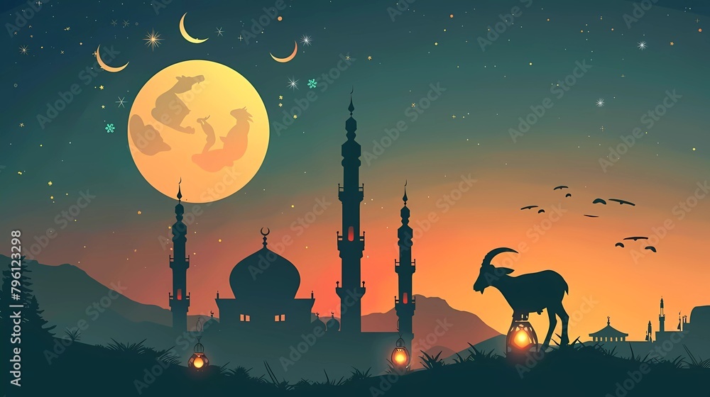 Canvas Prints vector image illustration of mosque and goat in silhouette with glowing lantern for eid al adha muba