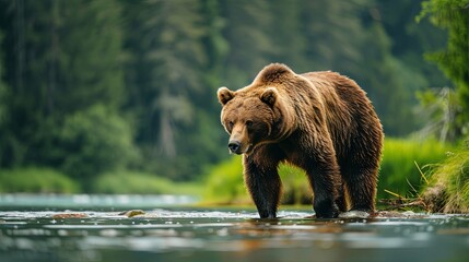 Majestic brown bear hunting in serene forest river