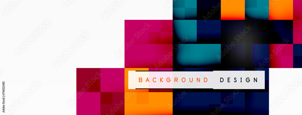 Poster a vibrant pattern of colorful squares in electric blue, violet, and magenta hues on a white backgrou