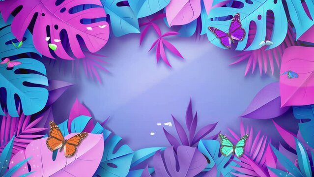 colorful tropical leaves border in modern paper cut on purple background. seamless looping overlay 4k virtual video animation background