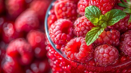 Fresh raspberries in bowl with mint garnish closeup