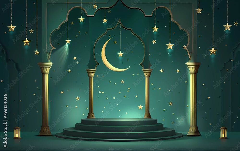 Poster Islamic podium with traditional Islamic lantern with crescent moon, Stars hanging on green background, Muslim Symbolic Religion Vector Background