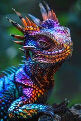 A colorful dragon with a blue eye and a long tail
