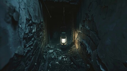 A bright light shines in a dark tunnel, casting a beam of illumination on the surrounding walls and ground. The contrasting elements create a striking scene of light and darkness.