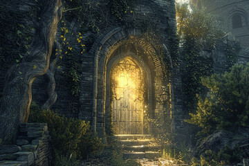 Obraz premium Medieval castle with a secret portal, leading to an ancient passage with glowing enchantment