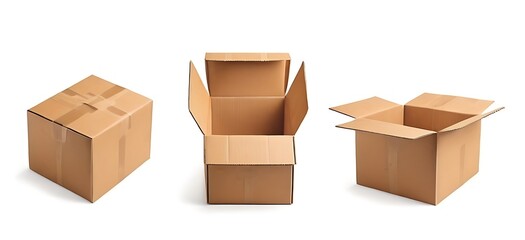 Set of different brown cardboard packaging boxes. Collection of cardboard box mockups. Shipping carton open and closed box with breakable signs. Parcel packaging template. Vector illustration