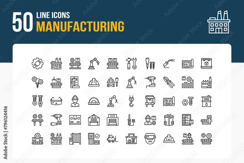 Wall mural Set of 50 Manufacturing icons related to Gear, Factory Assembly Line, Robot Arm, Conveyor Belt Line Icon collection