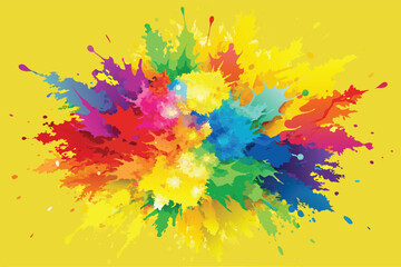 Colorful rainbow holi paint color powder explosion vector, isolated wide yellow panorama background