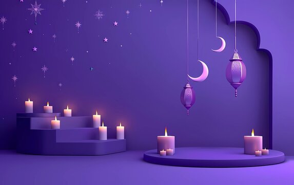3D Podium studio room with traditional Islamic lanterns, Candles, Crescent Moon and Stars hanging on purple background, Religious Vector Background3D Podium studio room with traditional Islamic lanter