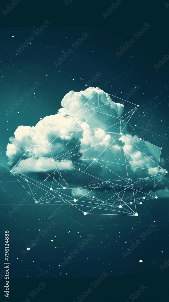 Poster a geometric cloud built from triangular wireframe elements, emphasizing its structured and modular n