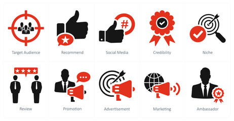 A set of 10 influencer icons as target audience, recommend, social media